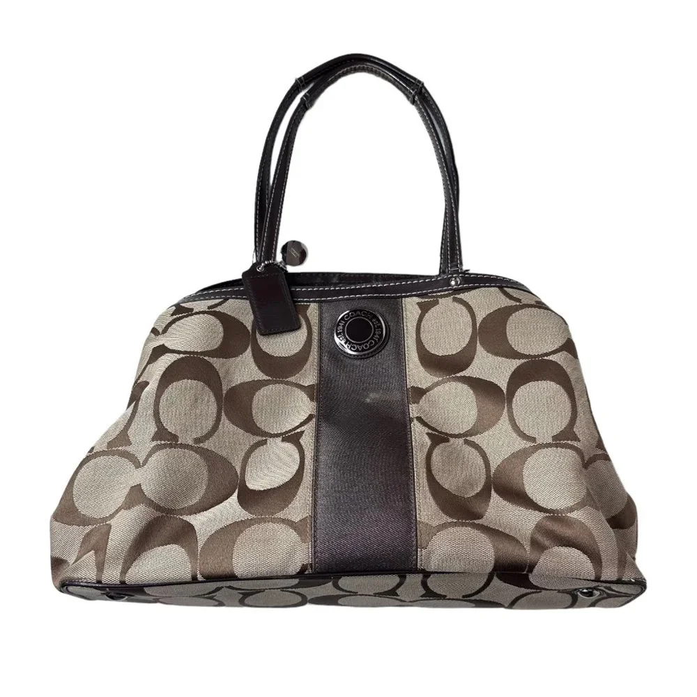 Coach Khaki and Mahogany Stripe Signature Kisslock Carryall Bag F19190 - Picture 2 of 13